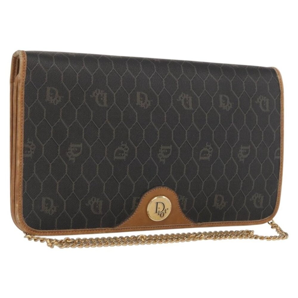 Authentic Christian Dior Honeycomb Canvas Chain Shoulder Bag PVC Gray Gold